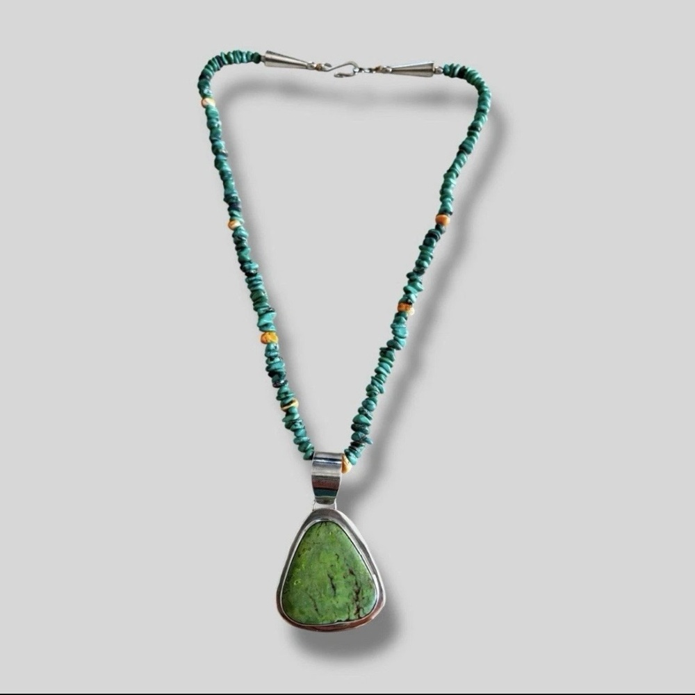 Vtg Handmade Navajo Turquoise Shell Sterling Silver Pendant Necklace